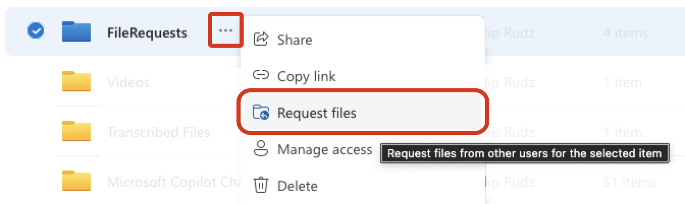 Clicking the '...' menu for a folder in OneDrive and choosing 'Request Files'