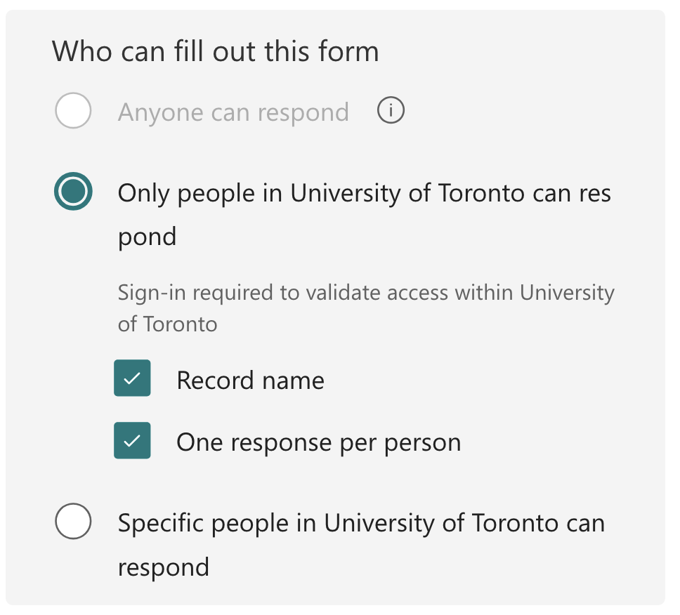 Who can fill out this forms settings pane in MS Forms